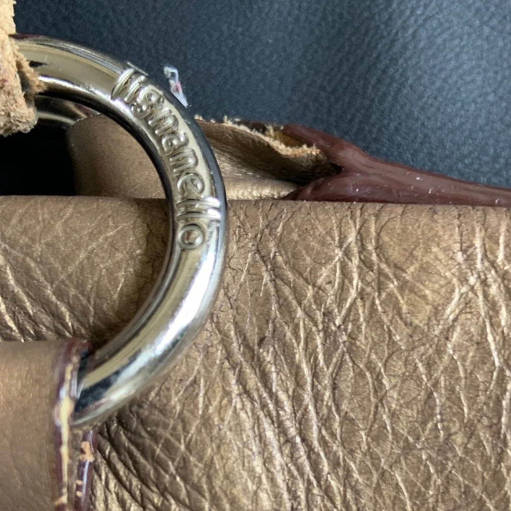 Tignanello Leather Tote Bag Brown Gold Silver Striped Shoulder Bag